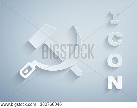 Paper Cut Hammer And Sickle Ussr Icon Isolated On Grey Background. Symbol Soviet Union. Paper Art St