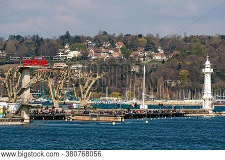 Geneva, Switzerland - April 14, 2019: Lighthouse At Leman Lake (lac Leman), Geneva, Switzerland - Im