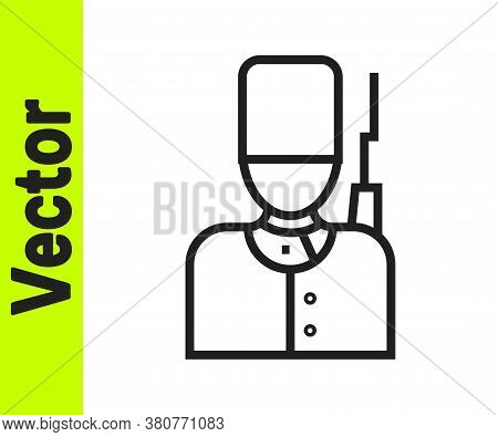 Black Line British Guardsman With Bearskin Hat Marching Icon Isolated On White Background. Vector