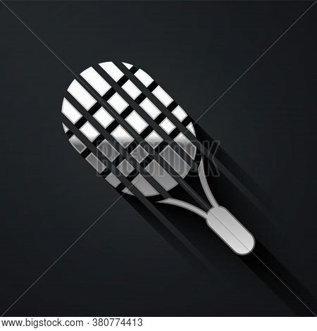 Silver Tennis Racket Icon Isolated On Black Background. Sport Equipment. Long Shadow Style. Vector I