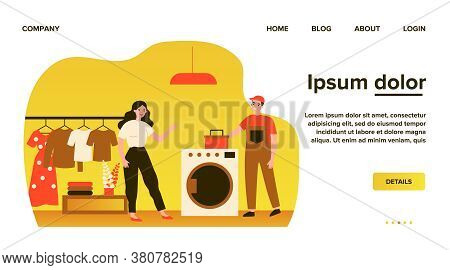 Technical Service Worker Repairing Washing Machine. Home, Overall, Tool Box Flat Vector Illustration