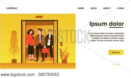 Positive People Standing On Elevator Cab. Men And Woman Standing Inside Lift Cabin With Open Doors. 