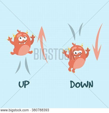 Learning Preposition Up And Down Vector Isolated. Chilidish Drawing With Alien. English Words Learni
