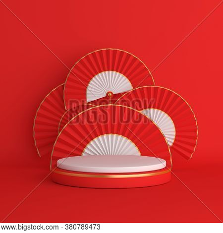 Happy Mid Autumn Festival Or Chinese New Year Podium Display Mockup Background With Hand Paper Fan, 