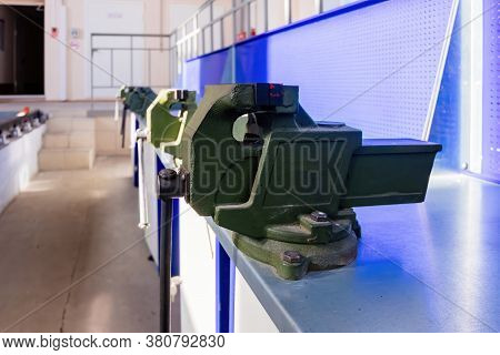 Green Steel Vice In The Metalworking Workshop