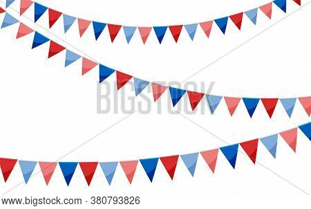 Red Blue Paper Bunting Party Flags Isolated On White Background. Carnival Garland With Flags. Decora