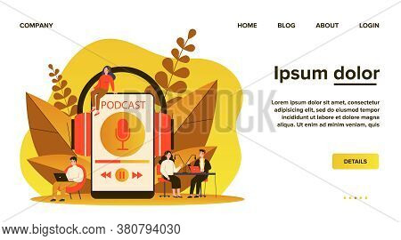 People Listening Speakers From Broadcasting Station Flat Vector Illustration. Man And Woman Listenin