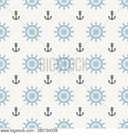 Blue Ship Steering Wheel And Dark Blue Anchor Icon Isolated Seamless Pattern On Gray Background. Vec