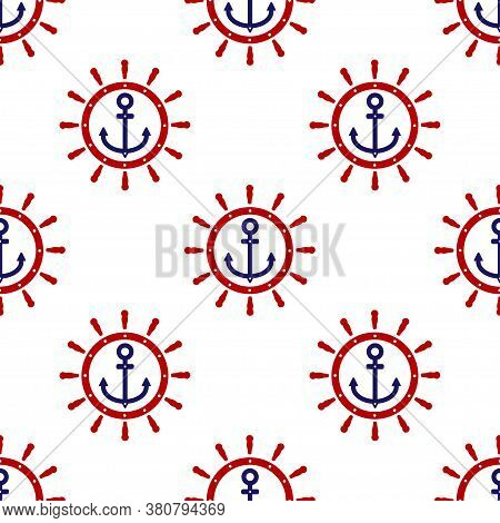 Red Ship Steering Wheel And Blue Anchor Icon Isolated Seamless Pattern On White Background. Vector