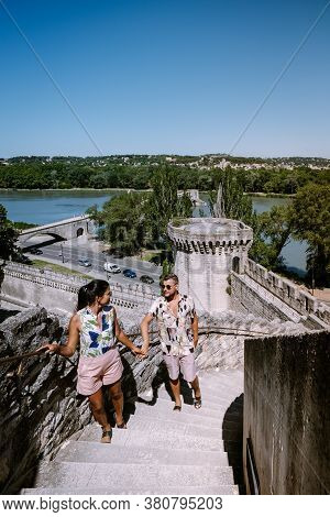 Couple City Trip Avignon Southern France, Ancient Popes Palace, Saint-benezet, Avignon, Provence, Fr