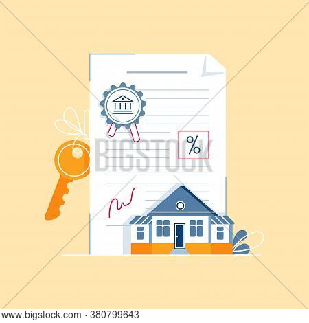 Mortgage Contract Concept. Signing Paper Agreement, Document With House Keys, Bank Stamp, Mortgage R