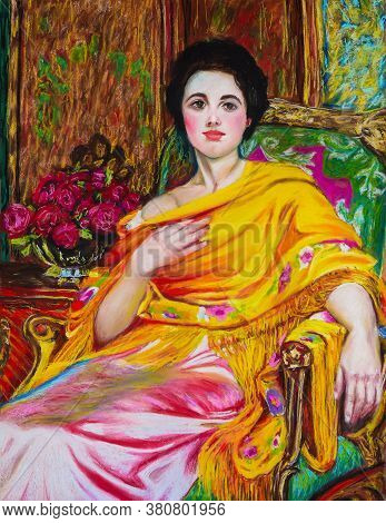 Pastel Drawing On Paper Portrait Of A Lady In A Chair. Dry Pastel On Paper 50 X 65 Cm. Based On The 