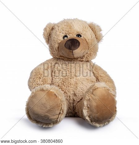 Cute New Light Brown Toy Teddy Bear Sitting Facing Front. Isolated On White Background.