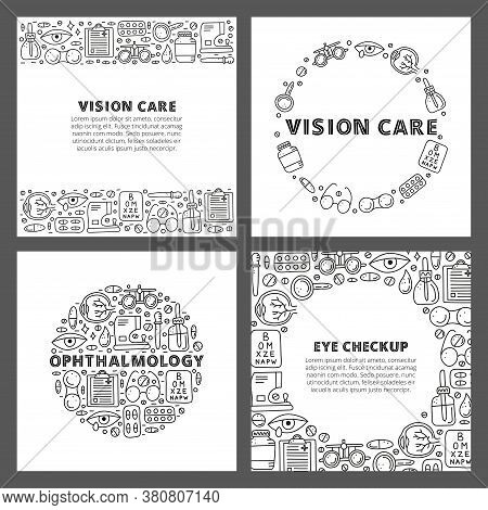 Set Of Cards With Lettering And Doodle Outline Ophthalmology Icons Including Runny Eye, Pipette Bott
