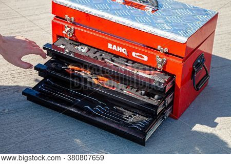Kyiv, Ukraine - June 27, 2020: Red Suitcase With Bahco Tools For The Mechanic. A Set Of Screwdrivers