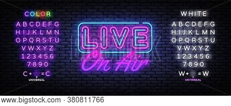 Live On Air Neon Text Vector. Radio On Air Neon Sign, Design Template, Modern Trend Design, Night Si