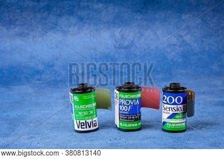 Fort Collins, CO, USA - August 13, 2020: Rolls of 35mm Fujichrome color slide film: Velvia, Provia and Sensia.