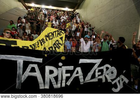 Salvador, Bahia / Brazil - January 7, 2015: Members Of The Tarifa Zero Movement Act Against The Incr