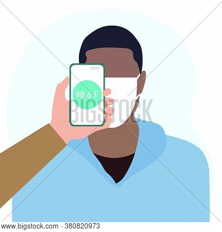 Vector Illustration Phone Placed On Forehead Of Person Remotely Measures Temperature. New Technology