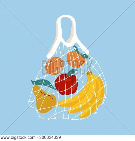 Fruit In A Mesh Bag. A Variety Of Fresh Tropical Fruits In A Reusable Eco Bag. Vector Stock Illustra
