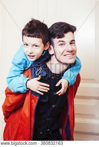 Faher And Son Together Having Fun At Home, Lifestyle Happy Family, People At Home