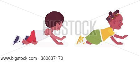 Toddler Children, Black Little Boy And Girl Enjoying Crawling. Cute Sweet Happy Healthy Baby Aged 12