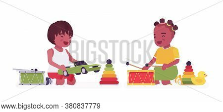 Toddler Children, Black Little Boy And Girl Enjoying Play With Toys. Cute Happy Healthy Baby Aged 12