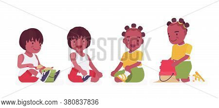 Toddler Children, Black Little Boy And Girl Enjoying Playing Sand Game. Cute Sweet Happy Healthy Bab