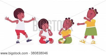 Toddler Children, Black Little Boy And Girl Enjoying A Walk, Sitting. Cute Sweet Happy Healthy Baby 