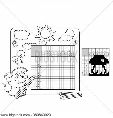 Cartoon Vector Illustration Of Education Puzzle Game For School Children.  Mushroom. Black And White