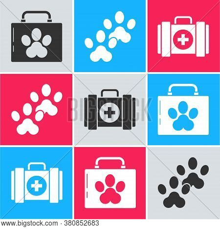 Set Pet First Aid Kit, Paw Print And Pet First Aid Kit Icon. Vector