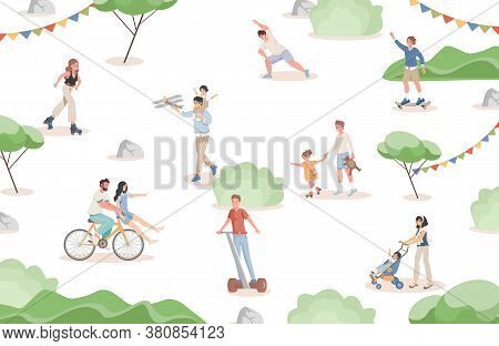 Happy Smiling People Walking In City Park Vector Flat Illustration. Men. Women And Children Spend Ti