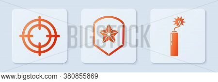 Set Police Badge, Target Sport And Dynamite Bomb Stick Clock. White Square Button. Vector