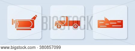 Set Pickup Truck, Cinema Camera And Wooden Log. White Square Button. Vector