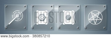 Set Pentagram In A Circle, Ancient Magic Book, Ancient Magic Book And Magic Wand. Square Glass Panel