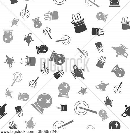 Set Magician Hat And Rabbit Ears, Magic Wand, Magic Lamp Or Aladdin And Magic Ball On Seamless Patte