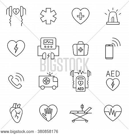 Aed, Cpr, First Aid In Cardiac Arrest Outline Icon Set. Signs In Line Style Such As Defibrillator, E