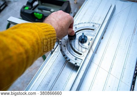 Paris, France - Jun 8, 2020: Male Hand Operating Sawstop Angler From Festool German Tool Manufacture