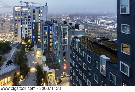 Copenhagen, Denmark - Oct 18, 2018: Morning Skyline View Towards Suburbia From The Wake Up Copenhage