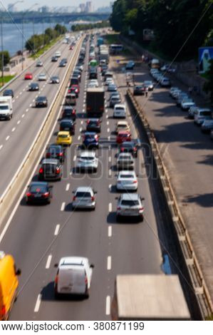 Blurred Abstract Background Of Traffic Cars On The Multi Lane Highway During Rush Hour