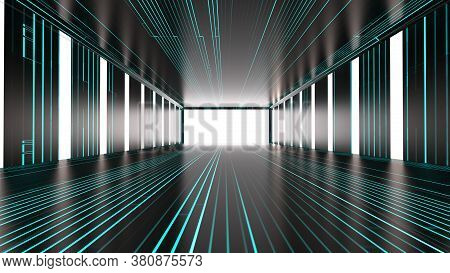Abstract Tunnel With Light. Abstract Corridor Perspective Futuristic Digital Hall Dark Grey Backgrou