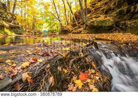 Skillet Creek with waterfall in Baraboo, Wisconsin during autumn