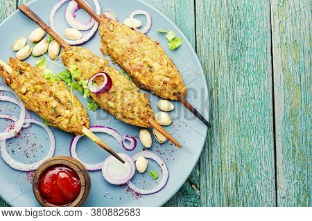 Grilled Kebabs On Wooden Skewers