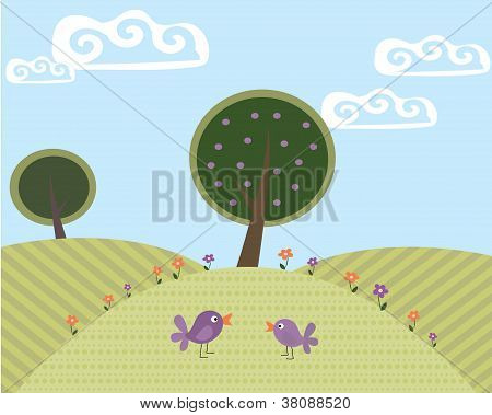 Cute Landscape with Tree And Birds