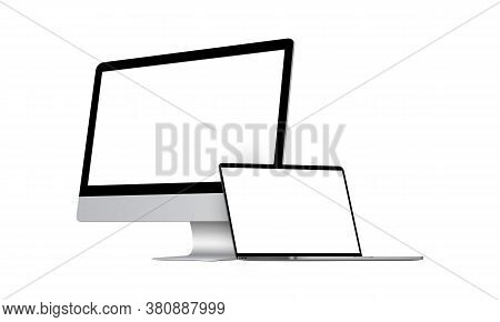 Desktop Pc And Laptop Computer Mockup With Blank Screens Isolated On White Background, Perspective S