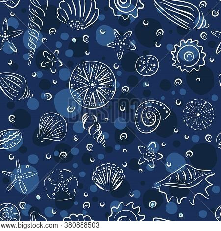 Seashells Hand Drawn Vector Seamless Pattern In Blue Tones. Illustration For Babay And Kids Textille