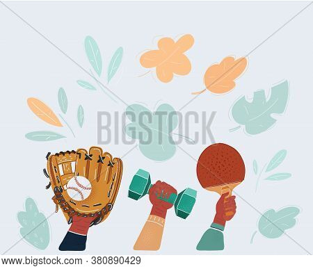 Cartoon Illustration Of Equpment Elements In Human Hands On White Background. Baseball Glove With Ba