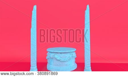 3d Render Colorful Roman Marbel Ornate Podium And Broken Column On Pink Background