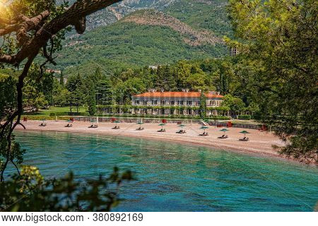 Budva - Montenegro, 29 Jully: Empty Beach In Famous Royal Park Milocer And Hotel