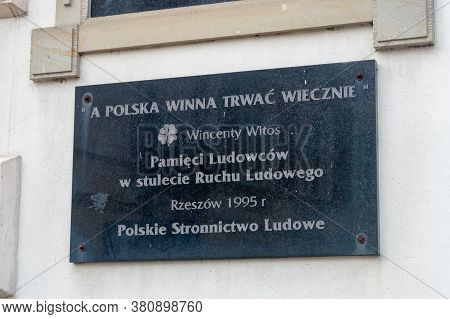 Rzeszow, Poland - June 13, 2020: Plaque Commemorating Wincenty Witos.